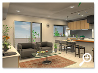 動線が考慮された対面型キッチンのLDKの内装リフォームのシミュレーション画像